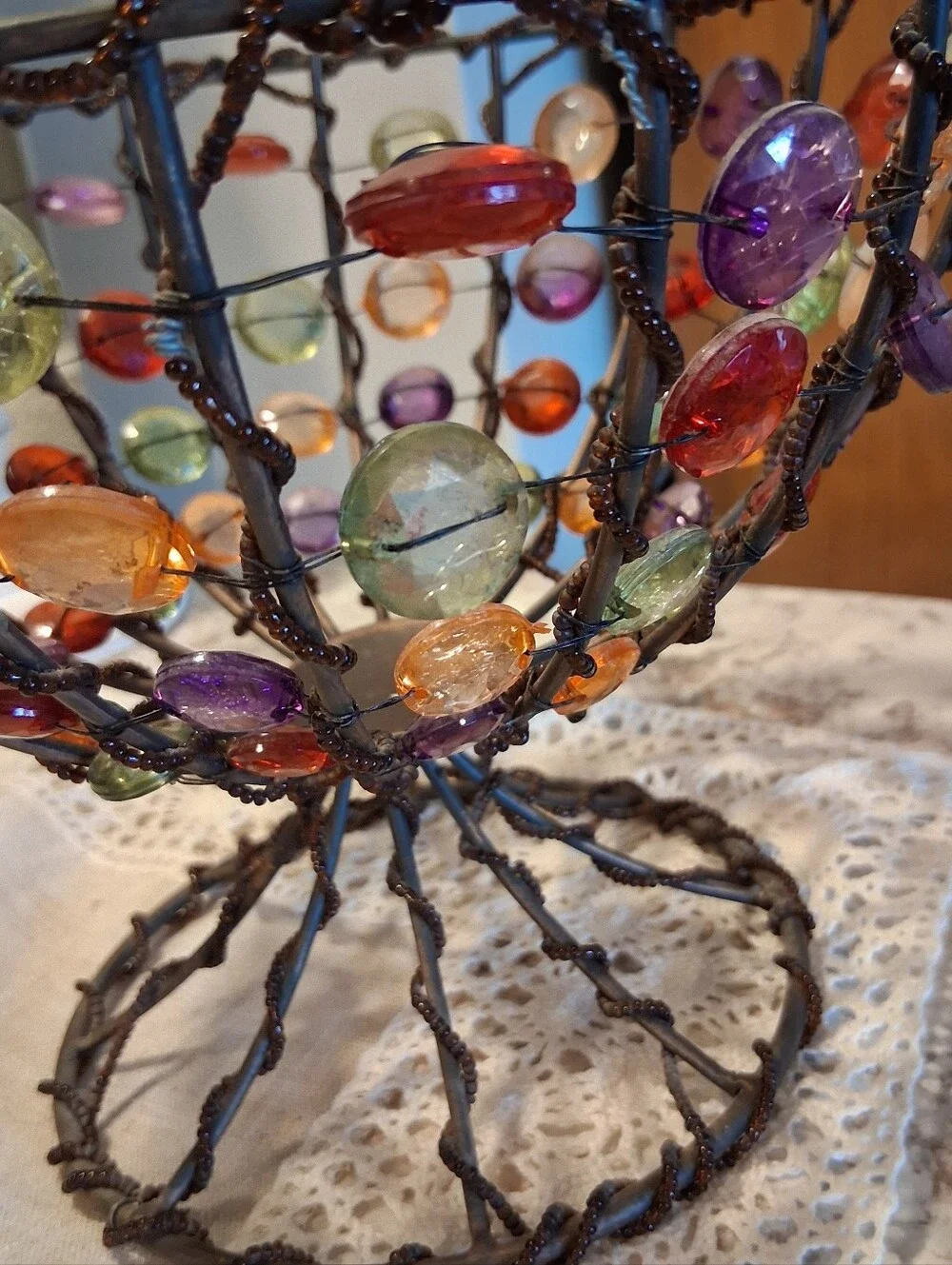 Vintage Beaded Wire & Metal Footed Bowl Basket Handmade Pop Art Retro Decor 8